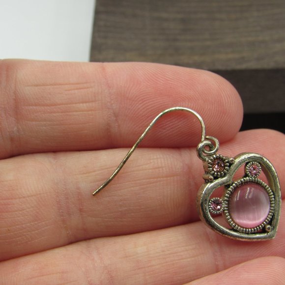 Silver Tone Heart Dangle Earrings Vintage Costume - Picture 3 of 5